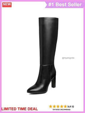 Faux Leather Knee High Boots Pointed Toe Chunky Heel Tall Boots